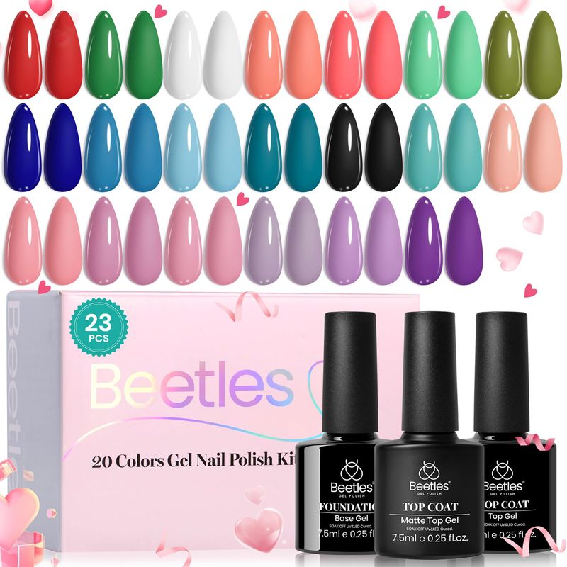 Beetles Gel Nail Polish Set, 20 Colors White Black Nude Gel Nail Polish with Gel Base Coat Matte&amp;Glossy Gel Top Coat Trendy Colors Uv LED Lamp Valentine Gel Nail Polish Valentine's Day Gifts for Women