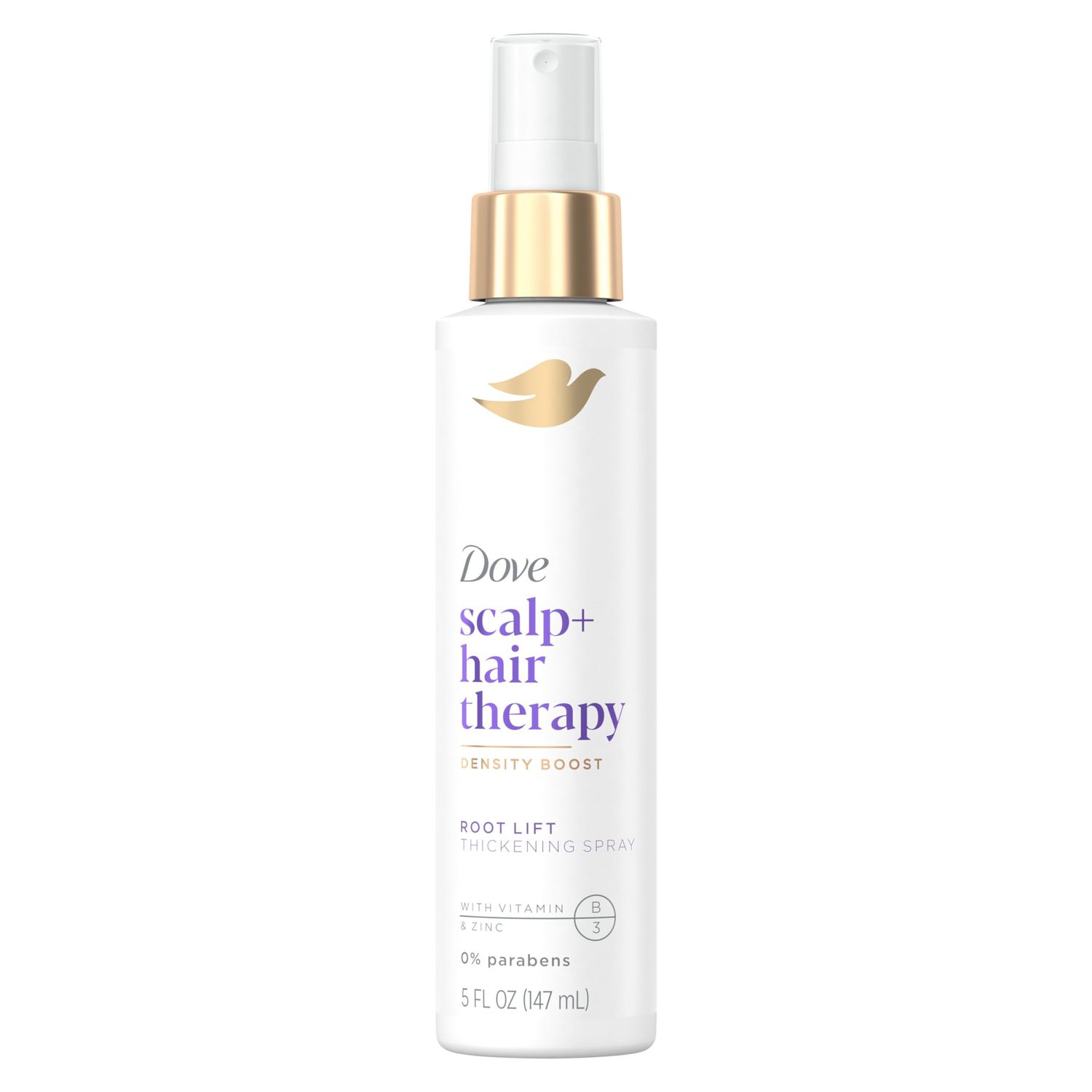 Dove Density Boost Root Lift Thickening Spray for Fuller Hair and Scalp Therapy, with Vitamin B3, Zinc and 0% sulfates, 5 oz