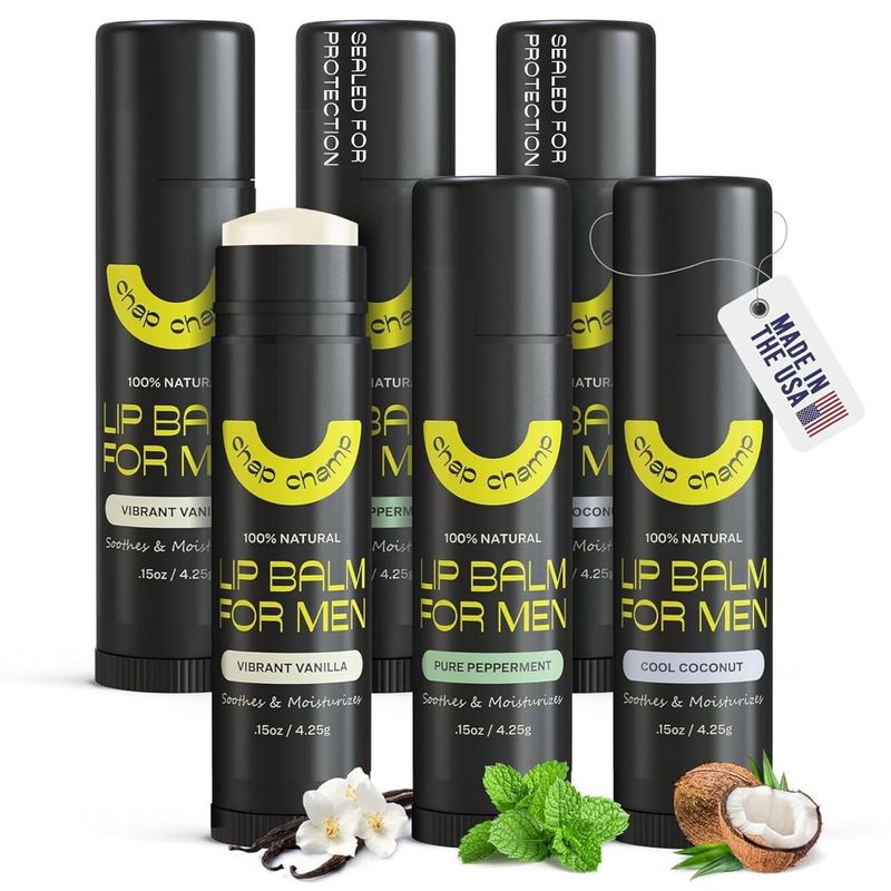 Lip Balm for Men - All Natural Mens Chapstick - Mens Lip Balm - Contains Vitamin E and Beeswax - Chapstick for Men - Peppermint, Coconut &amp; Vanilla Lip Balm - Lip Balm Men (6 pack)