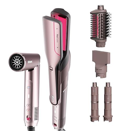 Shark FlexFusion Hair Straightener &amp; Powerful Hair Dryer with Fusion Hair Brush, Ceramic Air Styler with Auto-Wrap Hair Curlers &amp; Concentrator, Ceramic Plates, Cosmic Blush HD641S