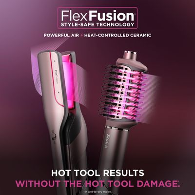 Shark FlexFusion Hair Straightener &amp; Powerful Hair Dryer with Fusion Hair Brush, Ceramic Air Styler with Auto-Wrap Hair Curlers &amp; Concentrator, Ceramic Plates, Cosmic Blush HD641S