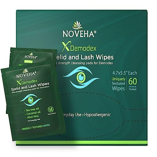NOVEHA Demodex Eyelid &amp; Lash Wipes | Box Of 60 Individually Wrapped Extra Strength Cleansing Eyelash Wipes - Battle Itchy &amp; Irritated Eyes associated with Demodex Mites, Naturally Remove debris
