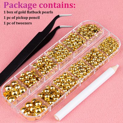 Belleboost Flat Back Pearls Kits 1 Box of Flatback Gold Half Round Pearls with Pickup Pencil and Tweezer for Home DIY and Professional Nail Art, Face Makeup and Craft