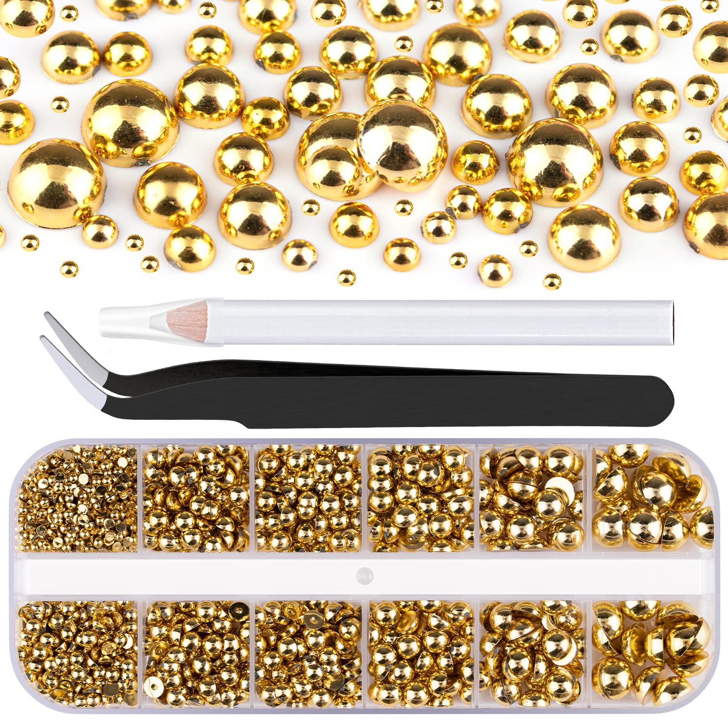 Belleboost Flat Back Pearls Kits 1 Box of Flatback Gold Half Round Pearls with Pickup Pencil and Tweezer for Home DIY and Professional Nail Art, Face Makeup and Craft