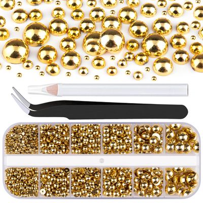 Belleboost Flat Back Pearls Kits 1 Box of Flatback Gold Half Round Pearls with Pickup Pencil and Tweezer for Home DIY and Professional Nail Art, Face Makeup and Craft