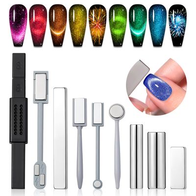 SAVILAND Cat Eye Magnetic for Nail 9PCS Cat Eye Gel Nail Polish Magnet Tools Set Strong Suction Nail Magnet Nails Square Round Magnet Stick Diverse Cat Eye Effect Double Ended Nail Salon Art Tools