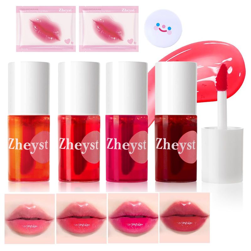 Lip Tint Korean Stain Set, 4 Colors Tinta Para Labios Waterproof Long Lasting Plumping Lip &amp; Cheek Tint Moisturizing Non-sticky Easy Apply Mini Water Lipstick(Apple&amp; Strawberry&amp; Watermelon&amp; Cherry)
