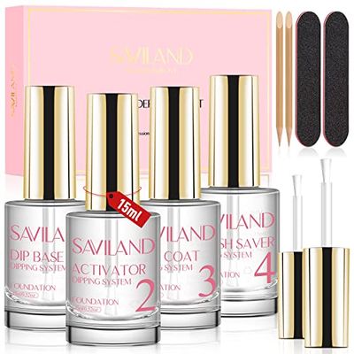 SAVILAND Dip Powder Liquid Set 15 ml0.5 oz,10 Pcs Nail Dip Liquid Set with BaseTop Coat, Activator Brush Saver Acrylic Gel Dip Nail File Dip Nail Liquid Set No Curing Needed DIY Home Salon Quality
