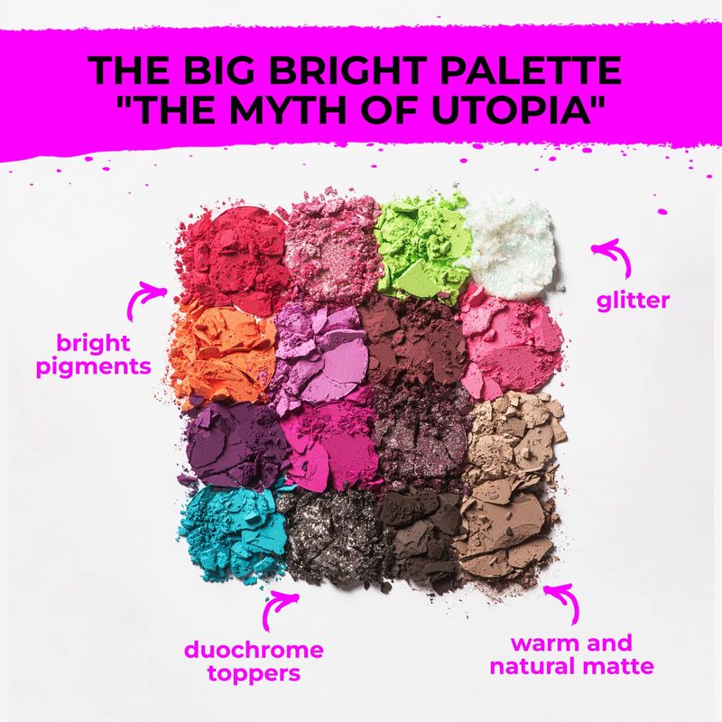 Lamel 16 Colors Highly Pigmented Eyeshadow Palette - Catchy Colors &amp; Shimmers, Vibrant, Long-Lasting Formula with Neon Pigments - The Myth of Utopia, 16gr