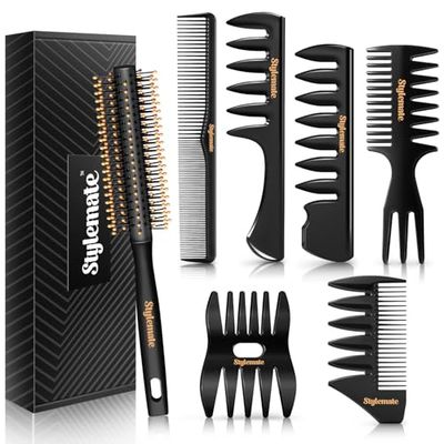 Stylemate Men&#39;s Hair Styling Combs and Brush Set - Roller Brush for Adding Volume, Pompadour, Slicked-back, Fauxhawk, Undercut Styling Combs