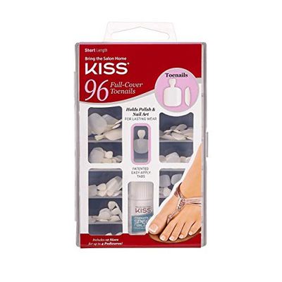 KISS 96 Full Cover Toenails Kit, Long Lasting Fake Nails, DIY Home Manicure Set with Pink Gel Nail Glue 3 g  0.11 oz. and 96 Fake Toenails in 12 Sizes for up to 4 pedicures