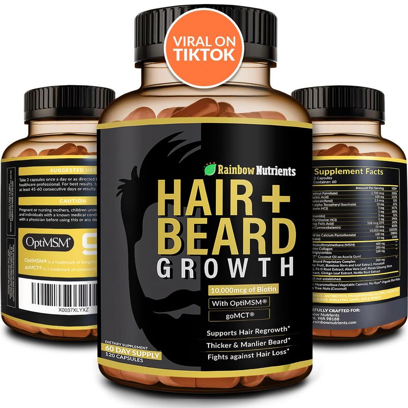 Hair  Beard Growth Vitamins for Men | Biotin 10,000mcg, Collagen, Patented OptiMSM, goMCT, Saw Palmetto | 60 Day Supply | Naturally Regrow Stronger, Thicker, Healthier Hair &amp; Stops Hair Los