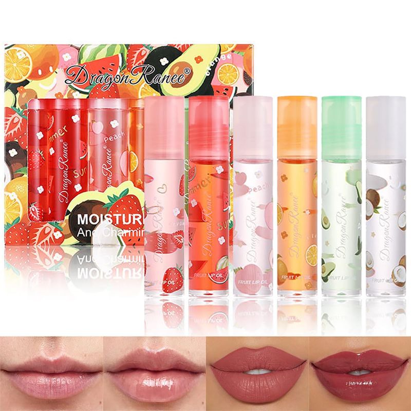 FYEBOO 6 Pcs Fruit Roll-on Lip Gloss Set, Clear Lip Gloss Crystal Jelly Liquid Lipstick, Plumping Lip Oil Moisturizing Hydrating Non-Sticky, Nice Gift for Women Girl