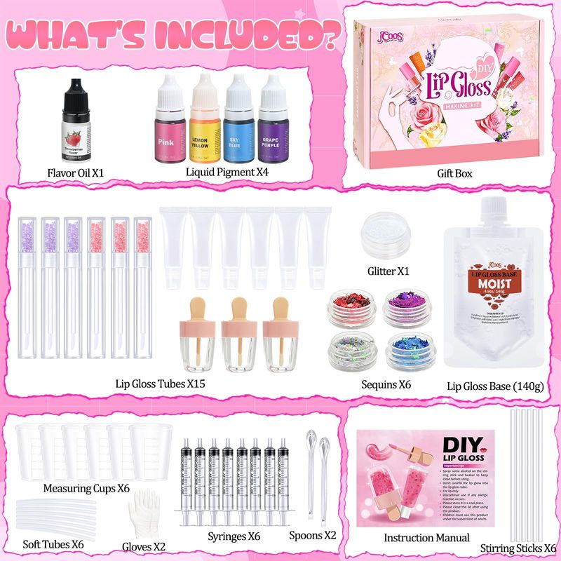 JCOOS Lip Gloss Making Kit, Lip Gloss for Girls Lipgloss Sets for Women Teens Make Your Own Lip Gloss Kit, Diy Lip Gloss Lip Kit Kids Lip Gloss Lip Gloss Base, Gift for Her Girls Crafts Teen Lip Gloss