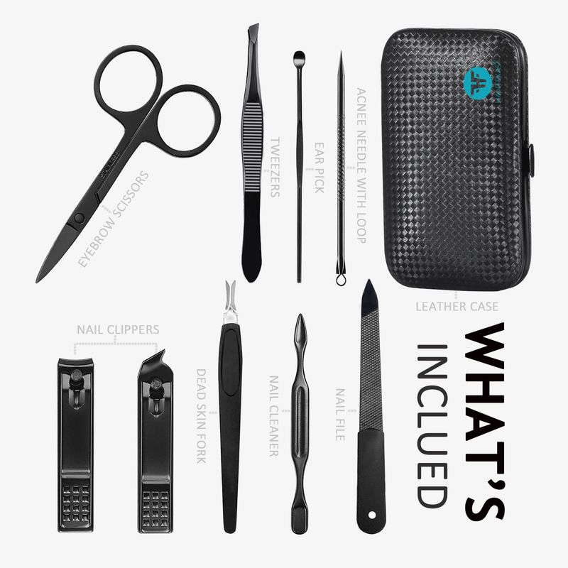 HANTEKAS Manicure Set 9 in 1 Stainless Steel, Nail Clippers Scissors Pedicure Tools Kit - Portable Travel Grooming Kit for Men and Women with BlackBlue Leather Case (Blue)