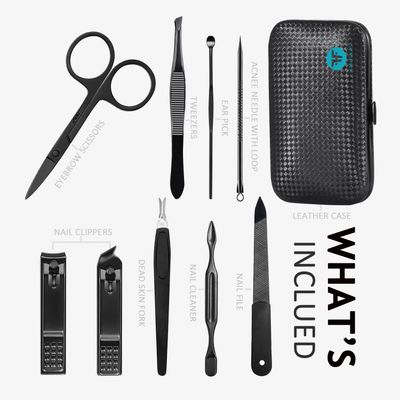 HANTEKAS Manicure Set 9 in 1 Stainless Steel, Nail Clippers Scissors Pedicure Tools Kit - Portable Travel Grooming Kit for Men and Women with BlackBlue Leather Case (Blue)