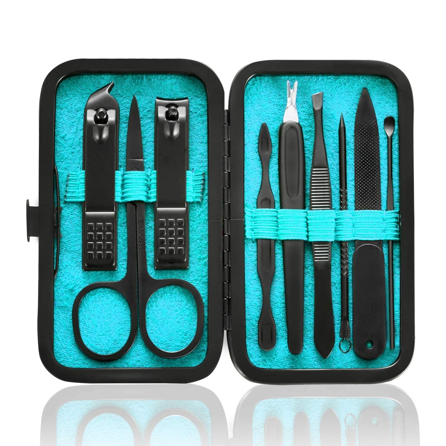 HANTEKAS Manicure Set 9 in 1 Stainless Steel, Nail Clippers Scissors Pedicure Tools Kit - Portable Travel Grooming Kit for Men and Women with BlackBlue Leather Case (Blue)