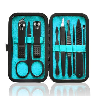 HANTEKAS Manicure Set 9 in 1 Stainless Steel, Nail Clippers Scissors Pedicure Tools Kit - Portable Travel Grooming Kit for Men and Women with BlackBlue Leather Case (Blue)