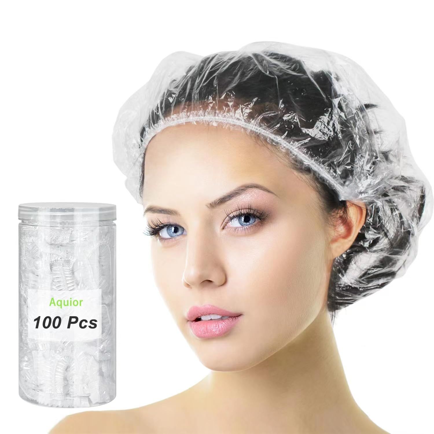 Aquior Shower Cap Disposable, 100 PCS Shower caps Large&amp;Thick Waterproof Clear Plastic Elastic Hair Bath Caps For Women Kids Girls, Hotel and Hair Solon, Travel Spa, Home Use
