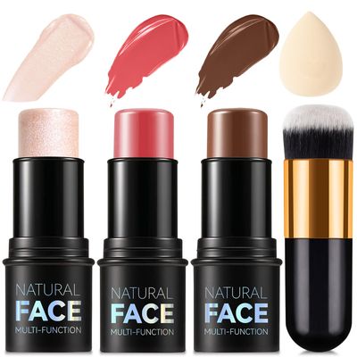 3 Pcs Contour Stick, Highlighter Stick, Blush Stick, Cream Contour Kit with Contour Brush, Create Face Contour, Non-greasy, Waterproof Long-lasting Effect for Women (256,LIGHT MEDIUM)