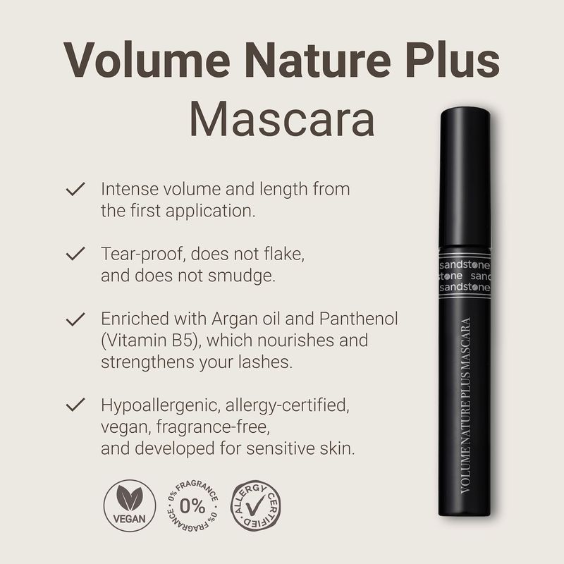Sandstone Scandinavia Volume Nature Plus - Hypoallergenic Mascara Sensitive Eyes - Smudge- &amp; Sweatproof, Volume and Lengthening Mascara - Allergy tested - Vegan - Non Toxic Mascara