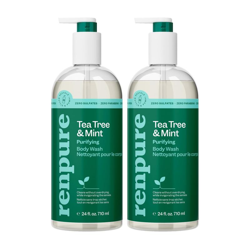 RENPURE Tea Tree &amp; Mint Body Wash - Cleanses, Invigorates &amp; Refreshes Skin Without Over-Drying - For All Skin Types - Tea Tree Leaf Oil, Spearmint Leaf Oil - 24 Fl Oz each, 2 Pack