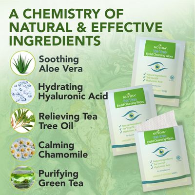 NOVEHA 60PCs Tea Tree Oil Eyelid &amp; Lash Wipes | With Hyaluronic Acid, Green Tea &amp; Chamomile For Blepharitis, Itchy &amp; Stye Eyes, Individually Wrapped, Natural Eyelash Makeup Remover &amp; Daily Cleanser