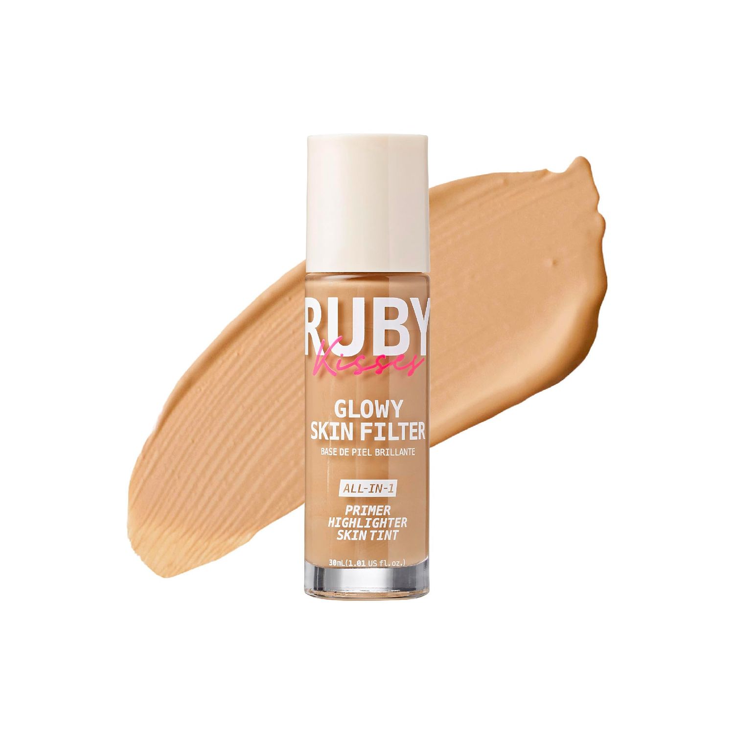 Ruby Kisses Glowy Skin Filter Foundation - All-in-1 Primer, Skin Tint &amp; Highlighter, Hydrating Light Coverage with Squalane, Natural Dewy Finish, Luminous &amp; Radiant Glow (Tan)