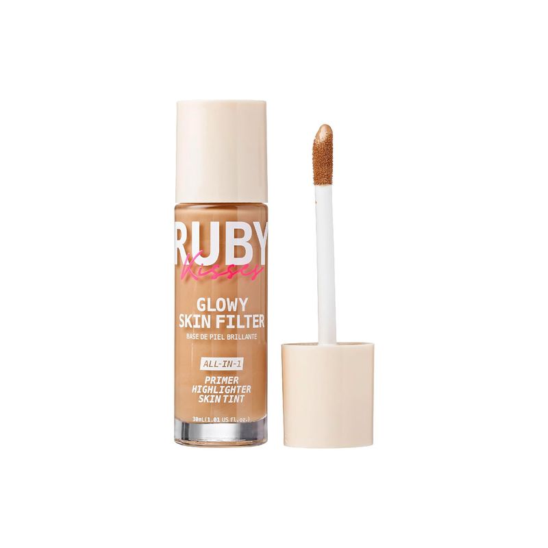 Ruby Kisses Glowy Skin Filter Foundation - All-in-1 Primer, Skin Tint &amp; Highlighter, Hydrating Light Coverage with Squalane, Natural Dewy Finish, Luminous &amp; Radiant Glow (Tan)