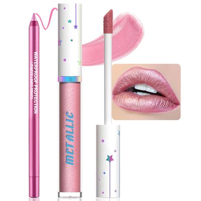 Wugbc Lip Liner and Lipstick Combo, Metallic Lipstick for Women Long Lasting Shimmer Lip Stick Liner Pencil Pack Glitter Non Stick Cup Pink Lip Color Makeup Moisturizing No Transfer Diamonds Shinning