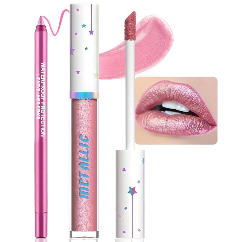 Wugbc Lip Liner and Lipstick Combo, Metallic Lipstick for Women Long Lasting Shimmer Lip Stick Liner Pencil Pack Glitter Non Stick Cup Pink Lip Color Makeup Moisturizing No Transfer Diamonds Shinning