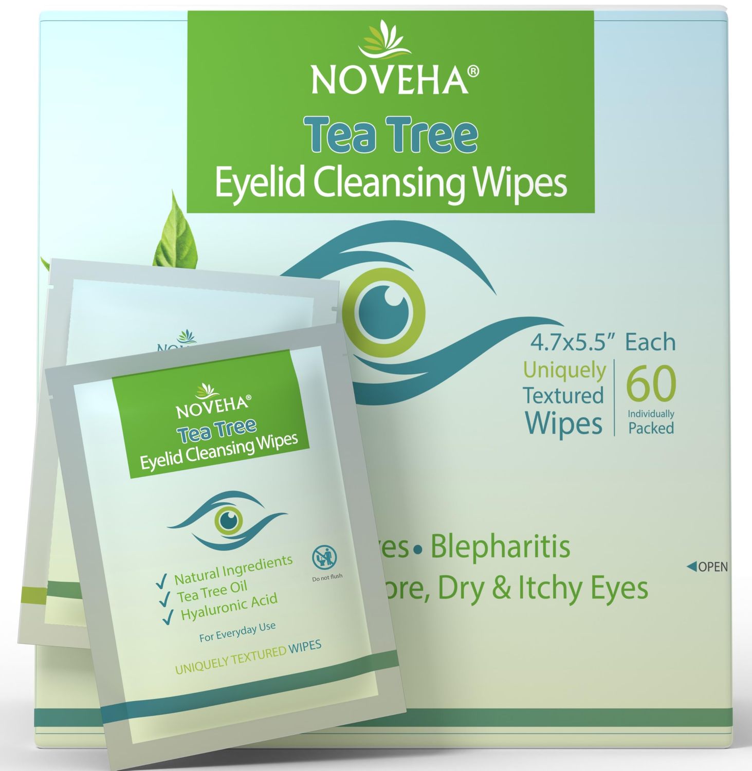 NOVEHA 60PCs Tea Tree Oil Eyelid &amp; Lash Wipes | With Hyaluronic Acid, Green Tea &amp; Chamomile For Blepharitis, Itchy &amp; Stye Eyes, Individually Wrapped, Natural Eyelash Makeup Remover &amp; Daily Cleanser