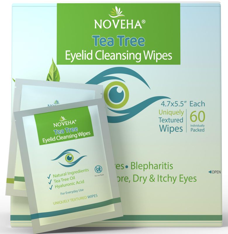 NOVEHA 60PCs Tea Tree Oil Eyelid &amp; Lash Wipes | With Hyaluronic Acid, Green Tea &amp; Chamomile For Blepharitis, Itchy &amp; Stye Eyes, Individually Wrapped, Natural Eyelash Makeup Remover &amp; Daily Cleanser