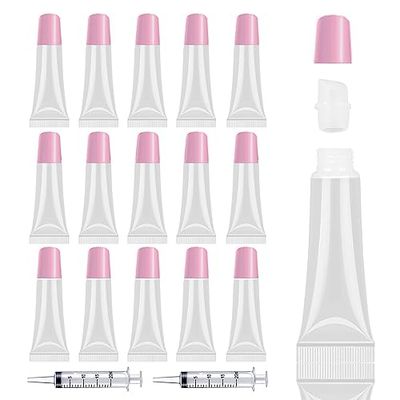 AMORIX 50PCS Lip Gloss Tubes Empty 10ml Pink Cap Lip Gloss Containers Lip Balm Tubes Cute Squeeze Tubes Lipgloss Making Supplies  2 x 20ml Syringes Tag Labels for Lip Gloss Base