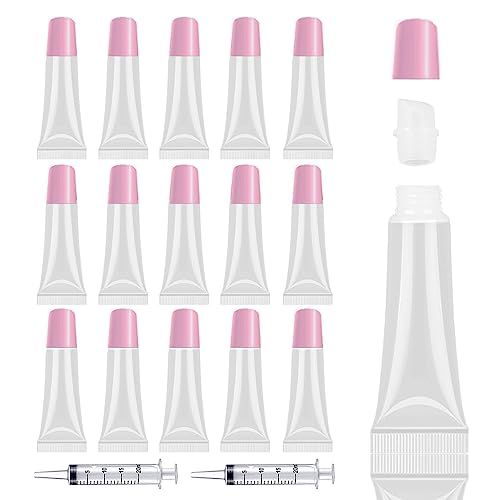 AMORIX 50PCS Lip Gloss Tubes Empty 10ml Pink Cap Lip Gloss Containers Lip Balm Tubes Cute Squeeze Tubes Lipgloss Making Supplies  2 x 20ml Syringes Tag Labels for Lip Gloss Base