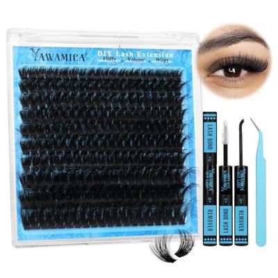 Yawamica Lash Clusters Kit Fluffy Volume Cluster Eyelash Extensions Kit 200D 10-20mm DIY Lash Extension Kit with Lash bond and Lash Remover and Lash Applicator for DIY Lash (200D-10-20MM Kit)