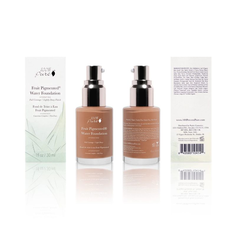 100% PURE Water Foundation Full Coverage Hydrating Makeup, Light Dewy Finish, Moisturizing Concealer for Normal to Dry Skin, Fruit Pigment Color Warm 6.0 wPeachy Undertones for Tan Skin - 1 Fl Oz