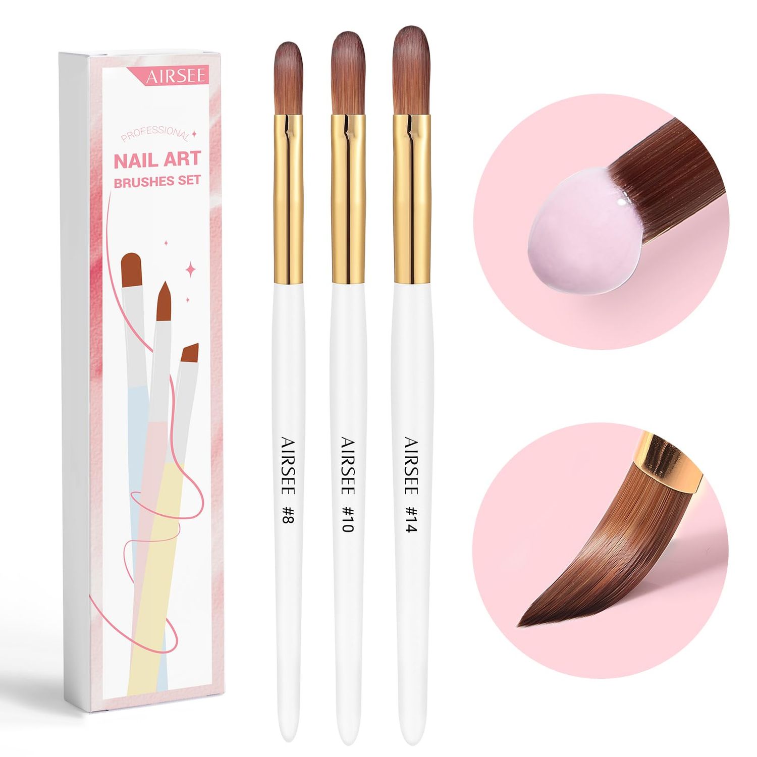 AIRSEE 3PCS Acrylic Nail Brush Set, Size 81014 Beginner &amp; Professional Nail Brushes for Acrylic Application, Acrylic Powder Nail Art Extension and 3D Nail Carving, 3A Nylon Nail Brushes