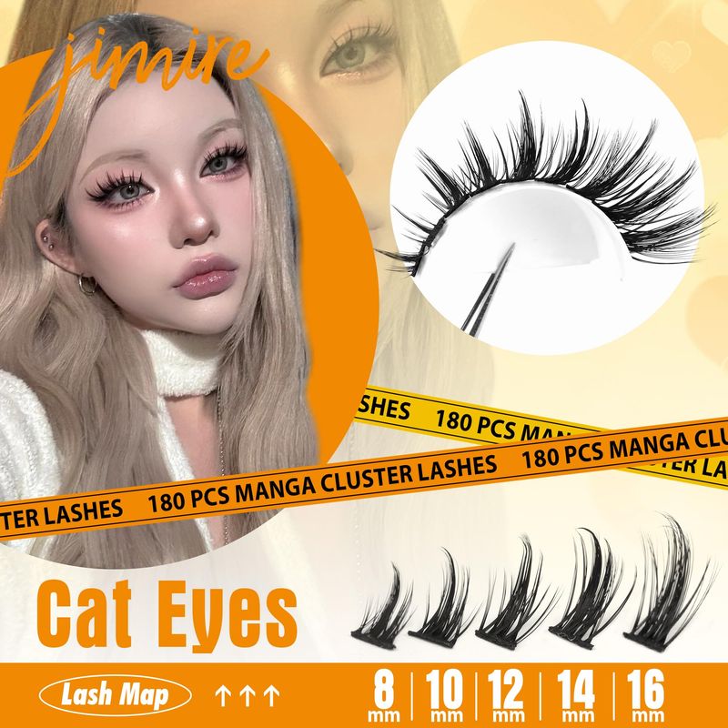 JIMIRE Wispy Lash Clusters Extensions 180Pcs Anime Eyelash Clusters D Curl Manga Lashes Clusters Natural Look 8-16MM Cluster Eyelash Extensions Individual Lash Extension Pack
