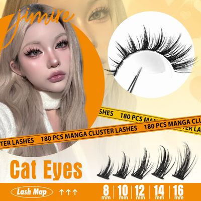 JIMIRE Wispy Lash Clusters Extensions 180Pcs Anime Eyelash Clusters D Curl Manga Lashes Clusters Natural Look 8-16MM Cluster Eyelash Extensions Individual Lash Extension Pack