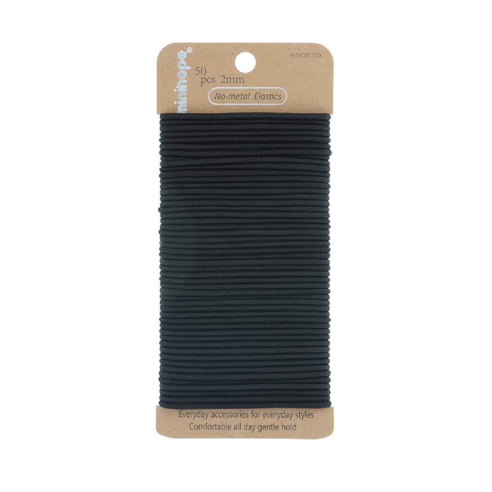 Minihope no-metal girls elastic hair ties, women&#39;s black elastics, 2mm Hair elastics 50 Count