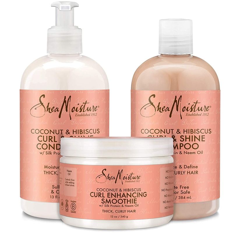 SheaMoisture Coconut &amp; Hibiscus Curl Trio Includes Curl &amp; Shine Shampoo and CONDITIONER, Curl Enhancing Smoothie with Box