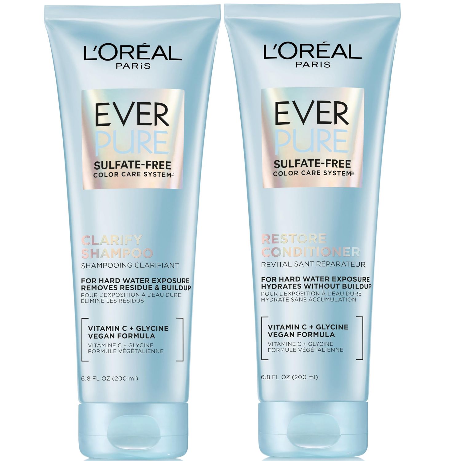 L&#39;Oreal Paris Clarify and Restore Sulfate Free Shampoo and Conditioner Set with Antioxidants for Hard Water Exposure and Styling Build-up, EverPure, 1 Hair Care Kit