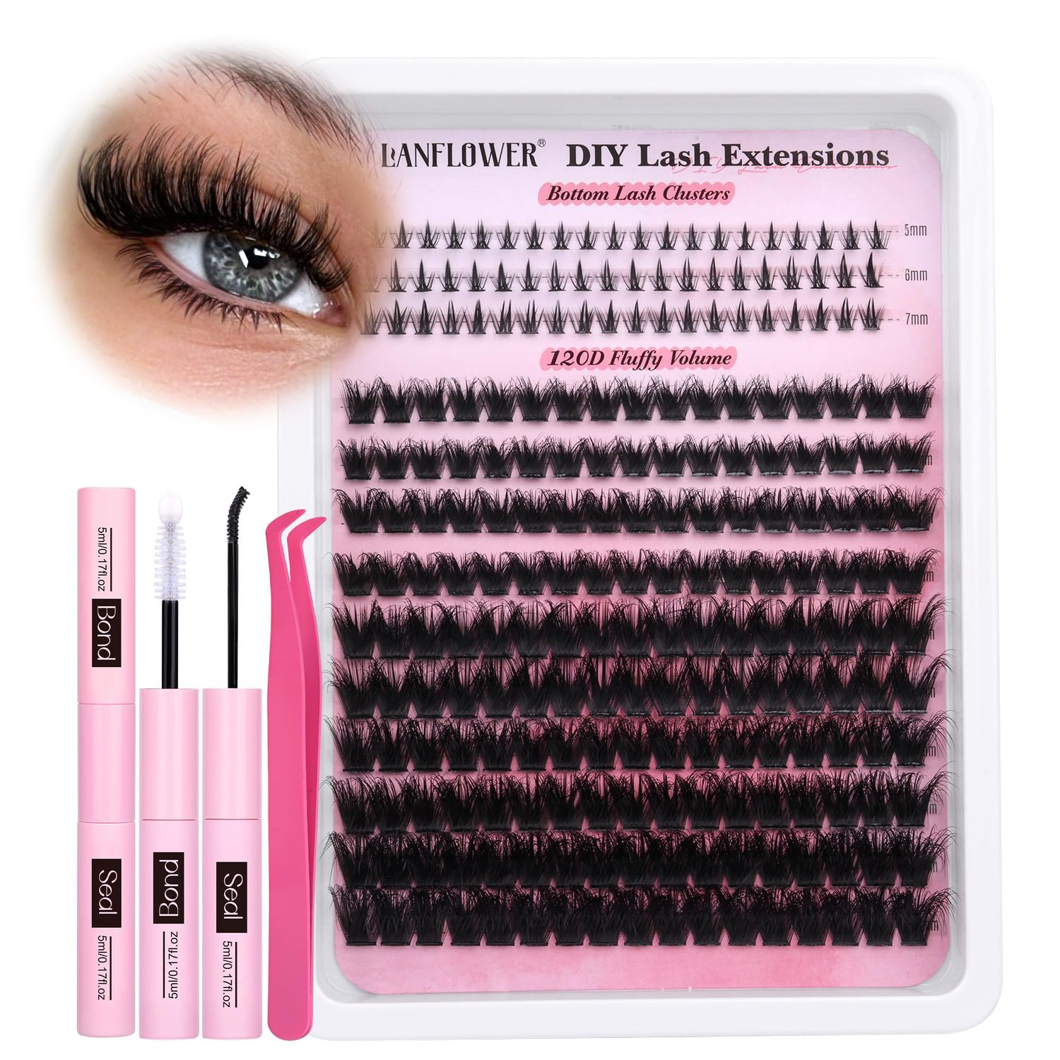 Lanflower Lash Clusters Kit with Bottom Lashes Extension 120D Thick Volume Cluster Lashes Waterproof Cluster Eyelash Extensions Kit D Curl Eyelash Extension Kit Fluffy 10-18 mm Individual Lashes