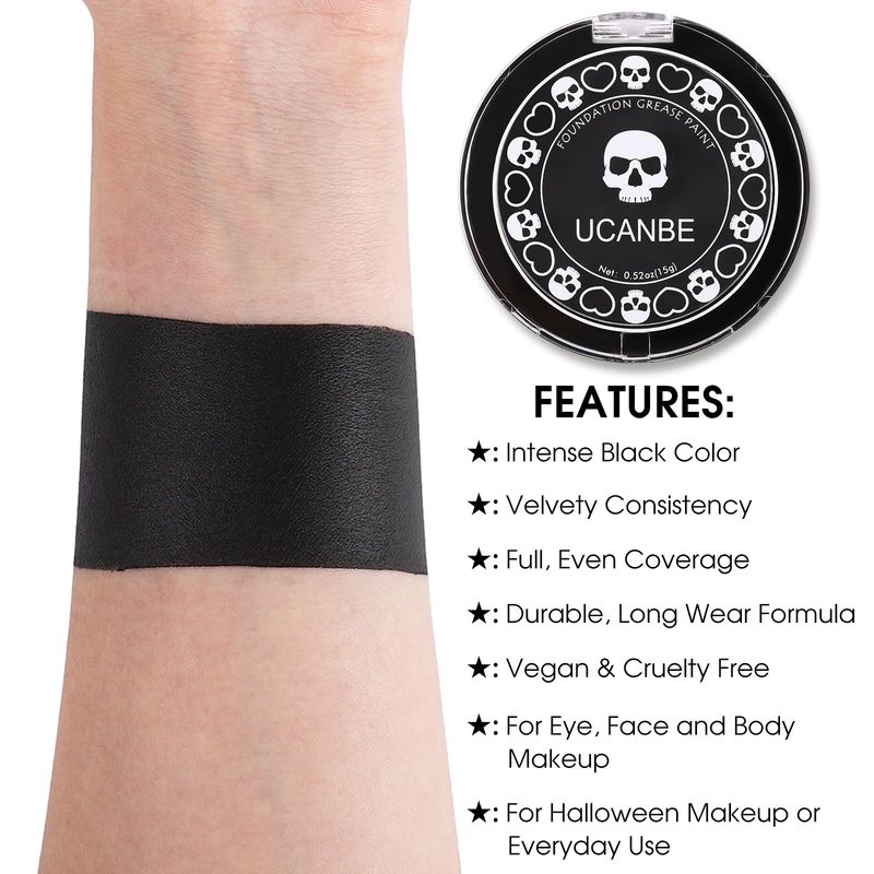 UCANBE Black Cream Face &amp; Body Makeup Foundation, Professional Non-Toxic Greasepaint, Halloween Face Body Paint Palette for Kids &amp; Adults, Facepaint for SFX Clown Zombie Vampire Skull Skeleton Cosplay