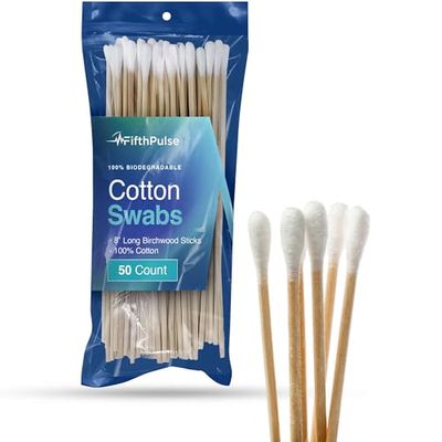 50 Biodegradable Long Cotton Swabs - 8 Inch Cotton Swabs for Ears - Long Q Tips Made From Birchwood and 100% Cotton - Lint Free