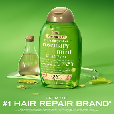OGX Extra Strength Refreshing Scalp Rosemary Mint Shampoo, Clarifying Wash Visibly Helps Remove Oil & Residue to Clear Away Buildup, Sulfate-Free Surfactants, 13 fl. Oz
