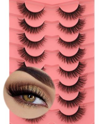 False Eyelashes Natural Mink Lashes 15mm Wispy Curl Eyelashes 5D Fluffy Volume Cat Eye Fake Lashes Pack 8 Pairs by Yawamica