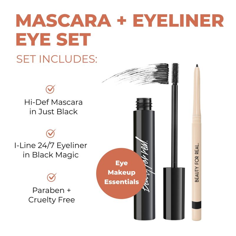 Beauty For Real I-Line 24-7 Eyeliner (Black Magic) &amp; Hi-Def Mascara (Just Black) Set - Long-Wearing, Waterproof Gel Eyeliner  Defining &amp; Volumizing Lash Definer - 1.1 oz