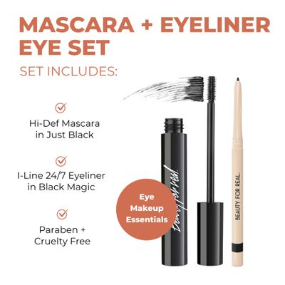 Beauty For Real I-Line 24-7 Eyeliner (Black Magic) & Hi-Def Mascara (Just Black) Set - Long-Wearing, Waterproof Gel Eyeliner Defining & Volumizing Lash Definer - 1.1 oz
